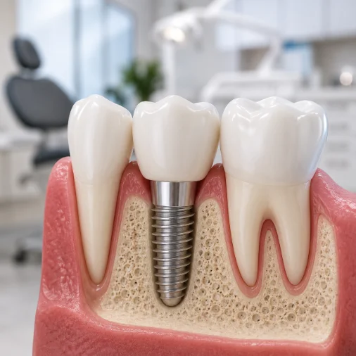 Implante dentário de titânio com coroa